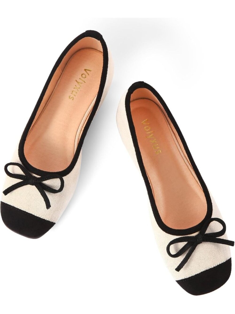 Women's Apricot Two Tone Cap Toe Ballet Flats Bow Square Toe Slip On Shoes